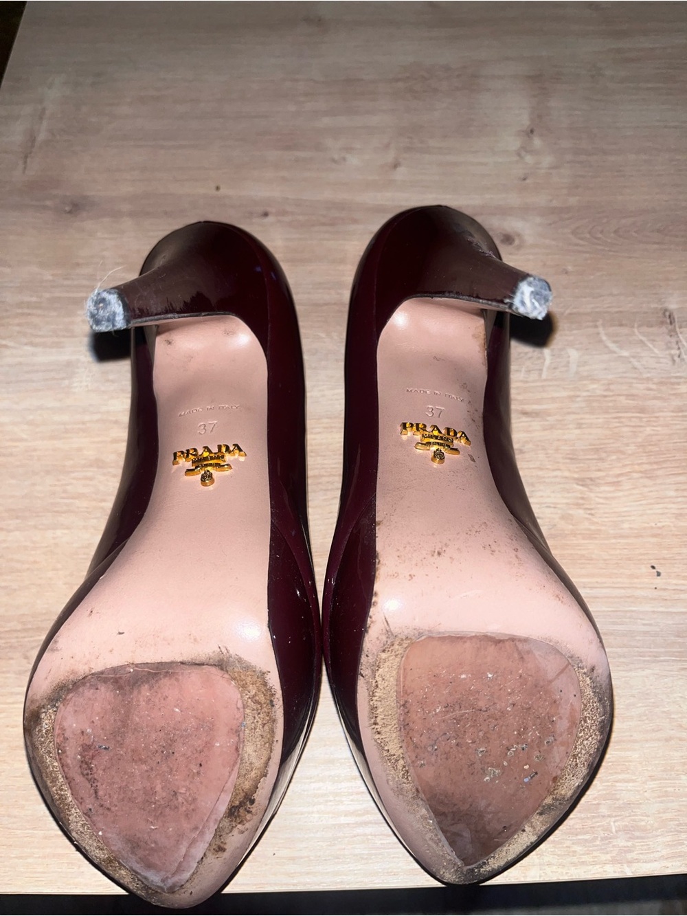 Prada Burgundy Open-Toe Patent Leather Pumps - Picture 5 of 5